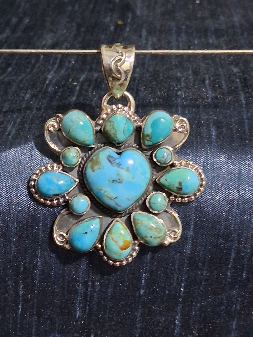 Sterling Silver Turquoise Heart Floral Cluster Pendant Southwest- Blue Accent